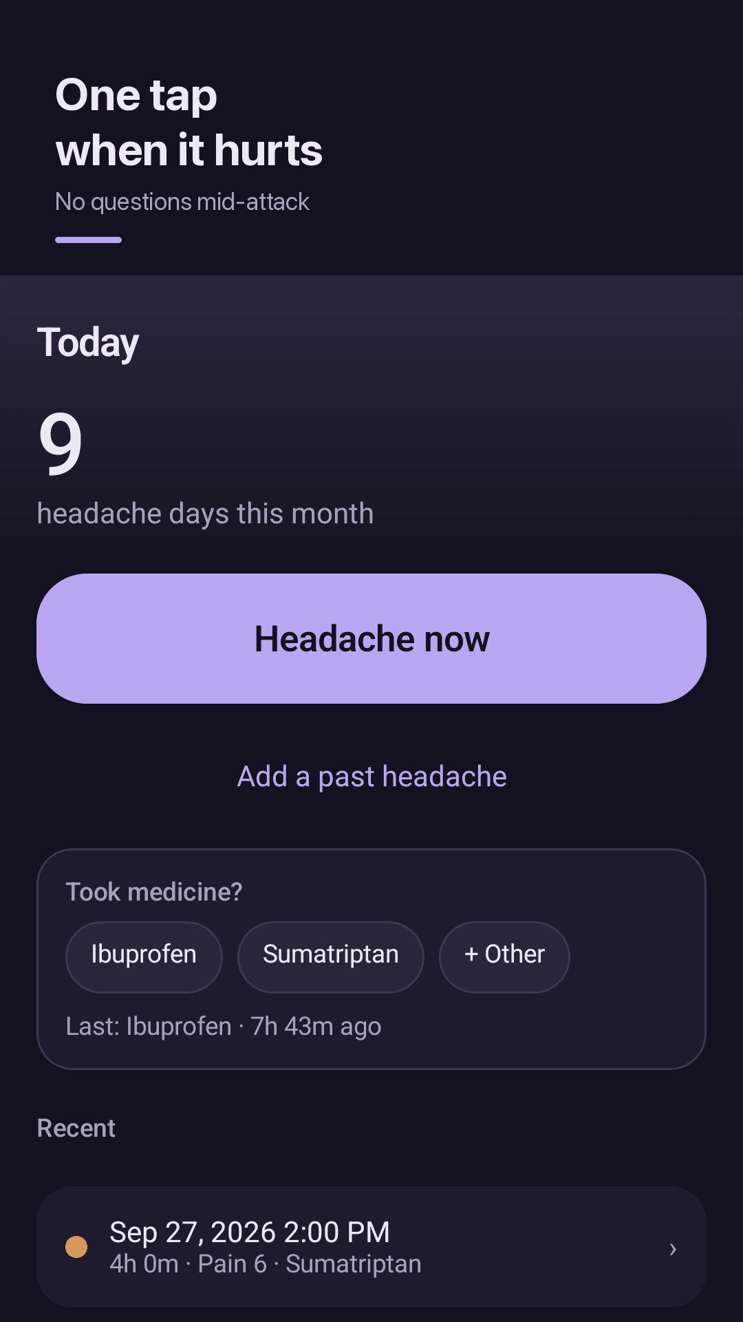 Achedot home screen with headache days this month and a big Headache now button