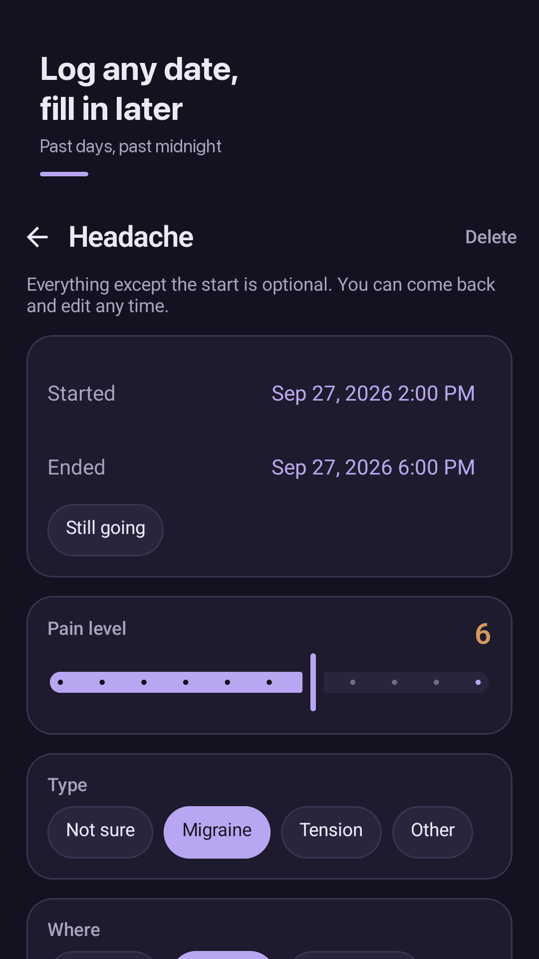 Past headaches, any date and time