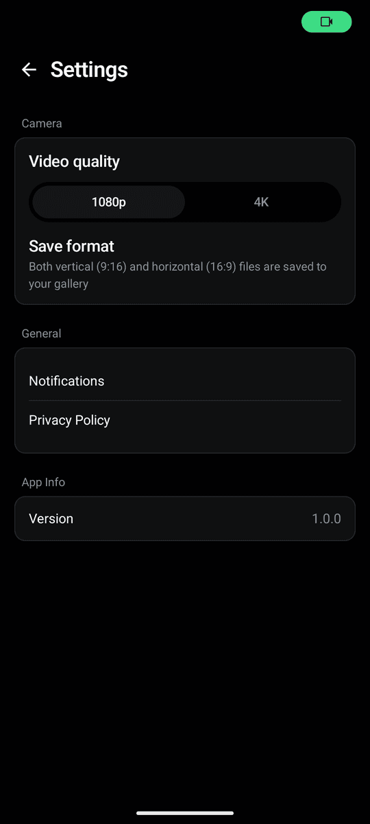 Simple settings — just pick 1080p or 4K