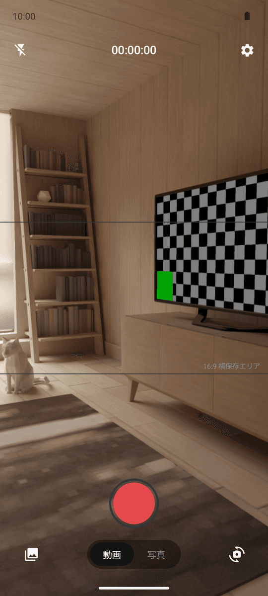 BiCam デュアルカメラの撮影画面 — 縦フレームに重なる16:9ガイドライン