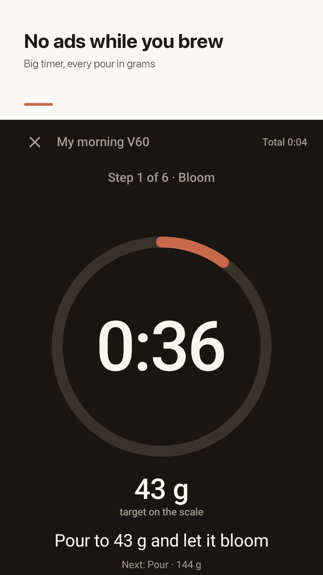Bloomcup brewing screen: bloom step with 0:36 left, 43 g target on the scale and the next pour to 144 g