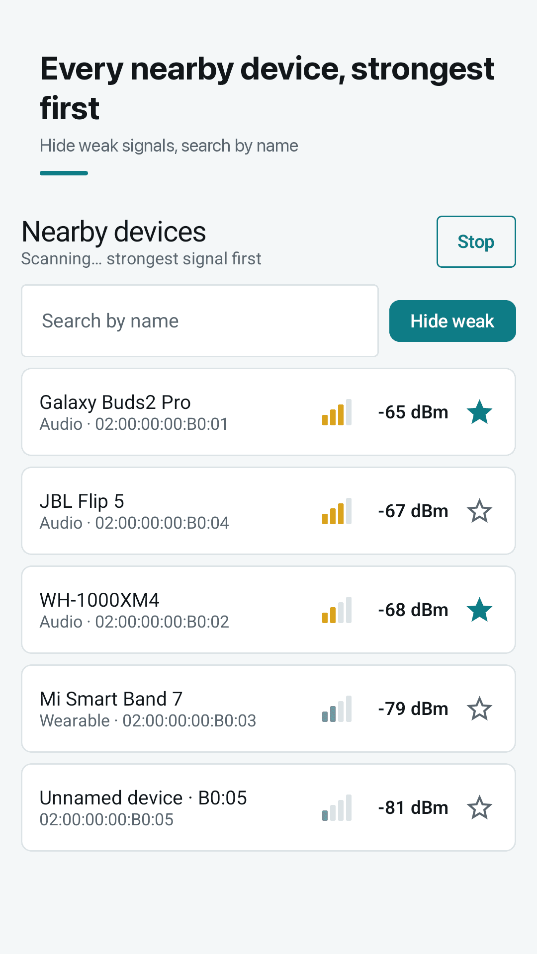 Nearby devices, strongest first