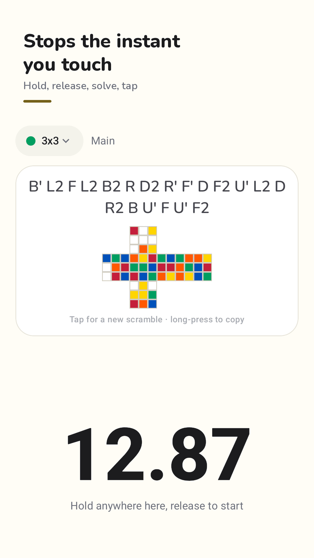 Cubetick timer screen: 3x3 scramble with cube-net preview and a large 12.87