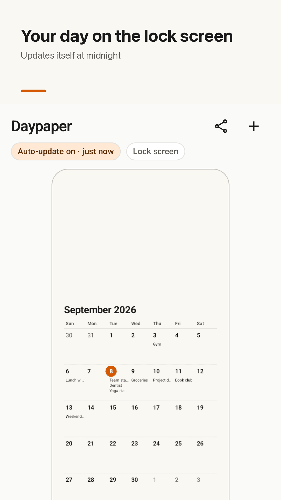 A Daypaper lock screen — a month calendar and today's events drawn on the wallpaper