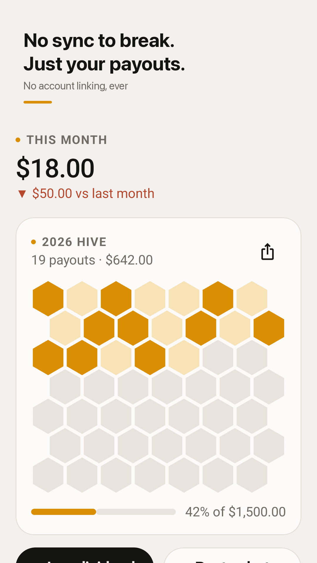 Divhive home screen with this month's dividends and the yearly hive
