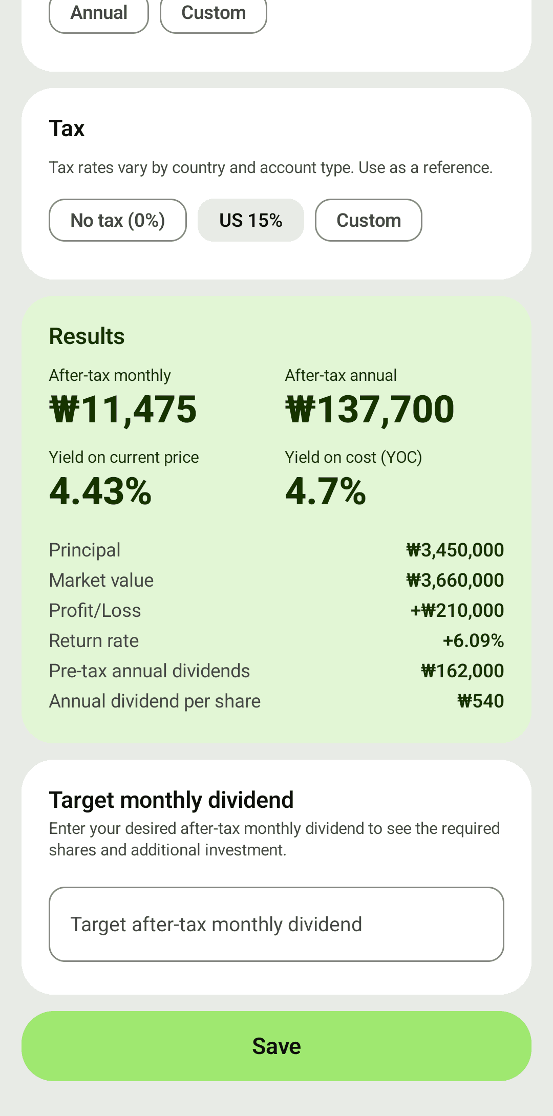 After-tax income, YOC and target — instantly