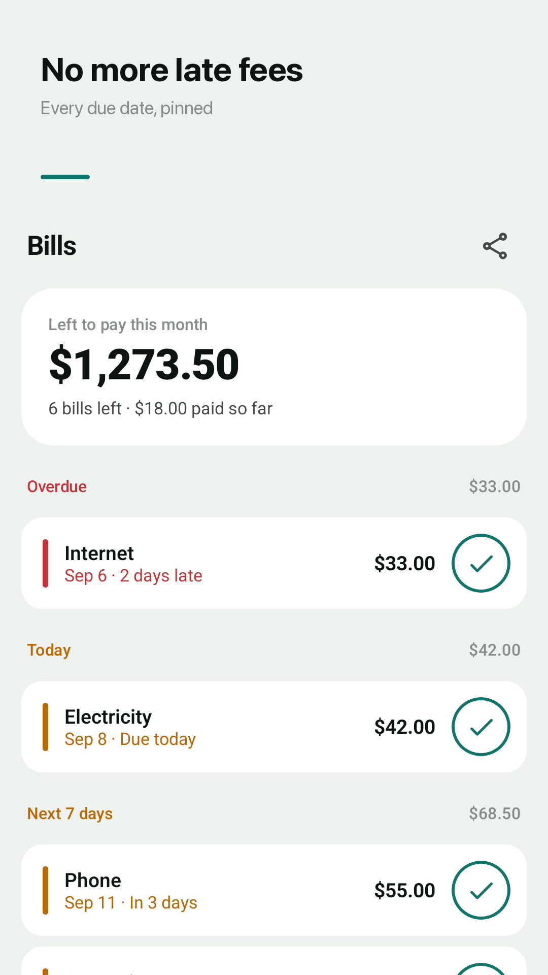 Duepin home screen — left to pay this month and bills grouped as Overdue, Today and Next 7 days