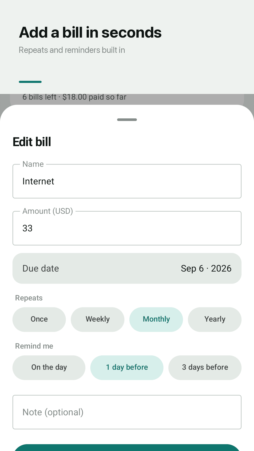 Add a bill and its reminder
