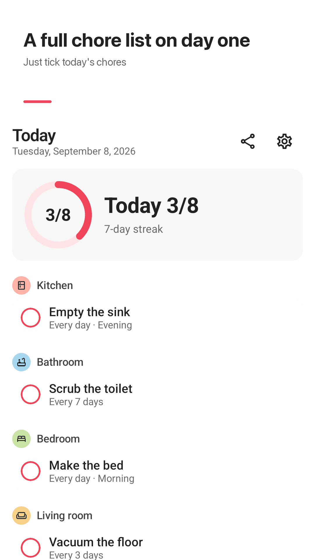 Dustlist Today screen with a progress ring and chores grouped by room