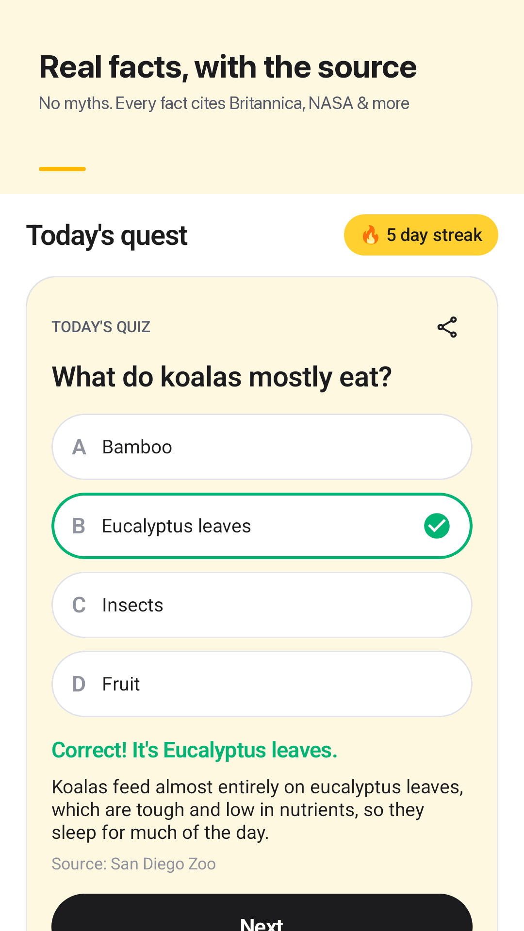 FactQuest quiz of the day screen with four answer choices
