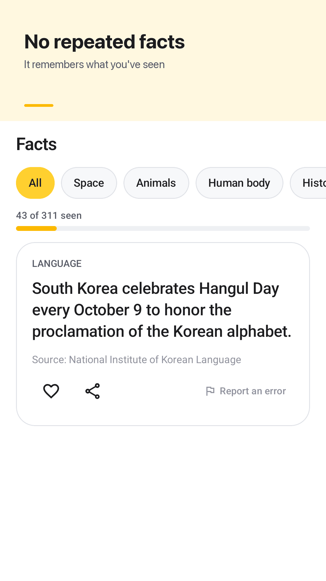 A fact feed with no repeats