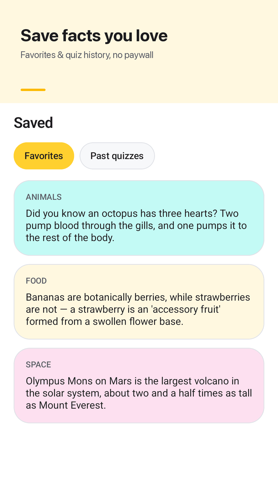 Saved facts and quiz history