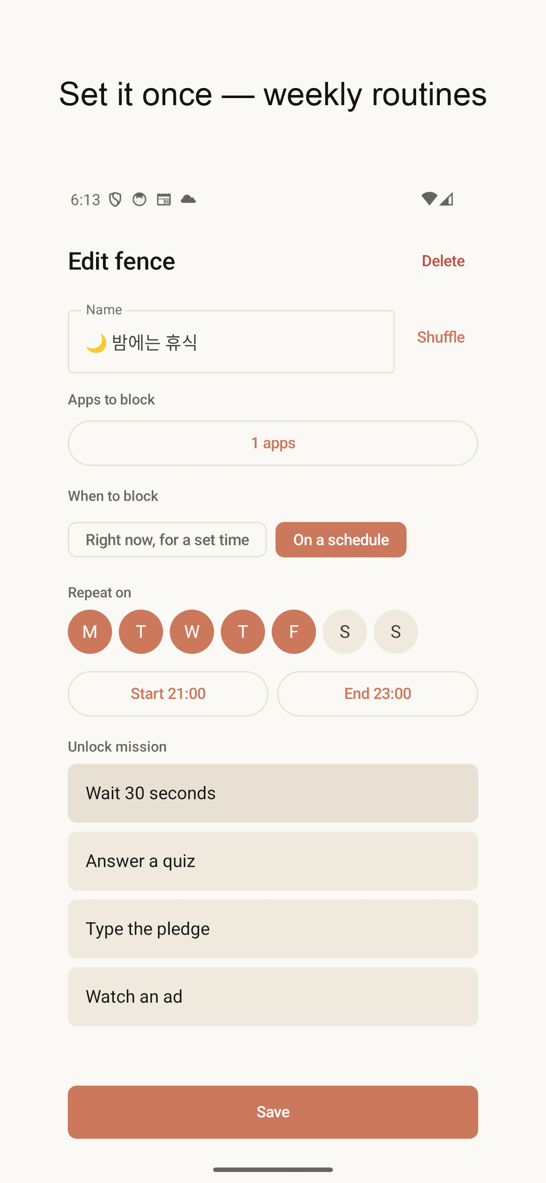 Weekly routine setup