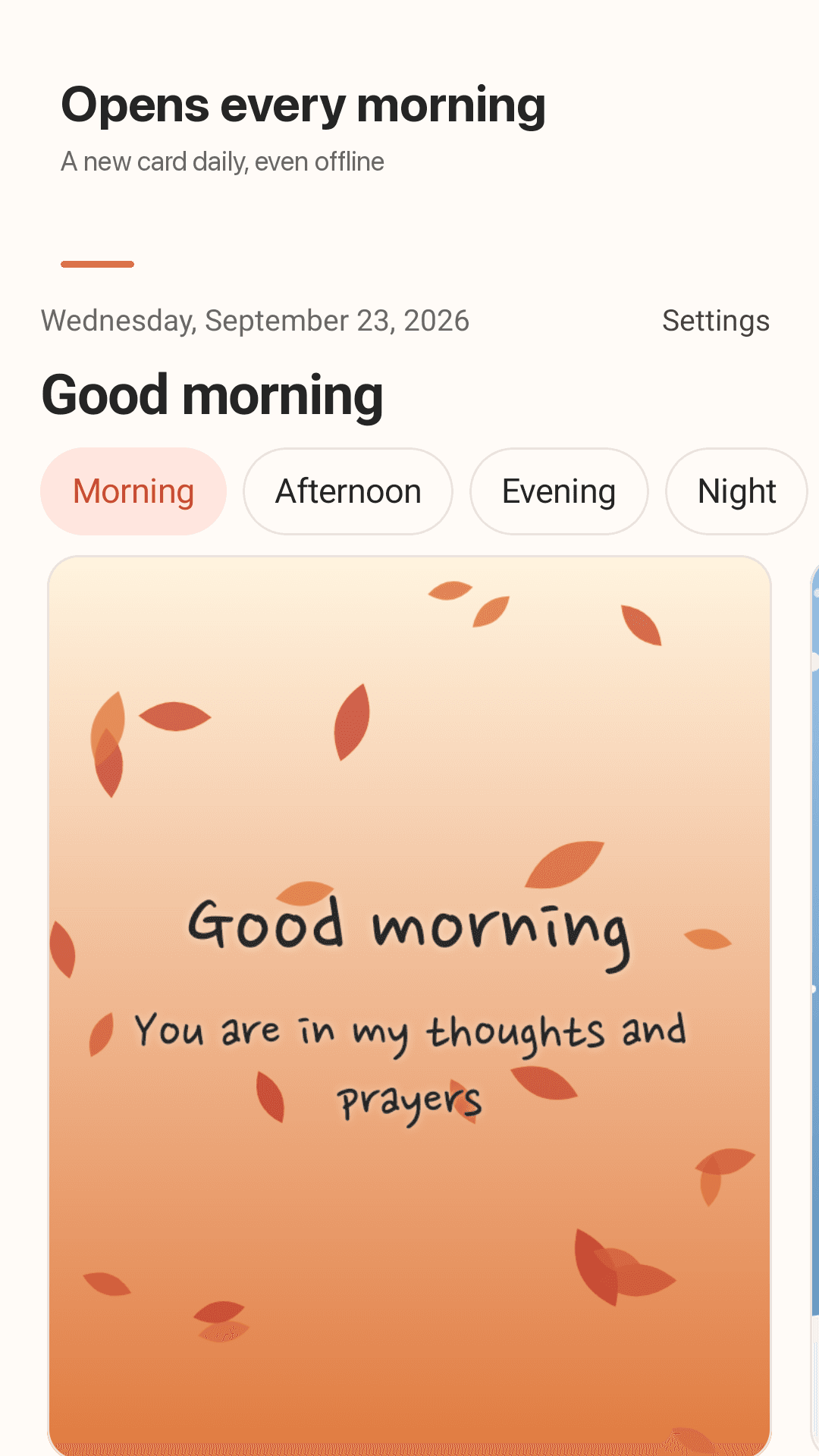 Haru Greetings — today's good morning card with a Send button