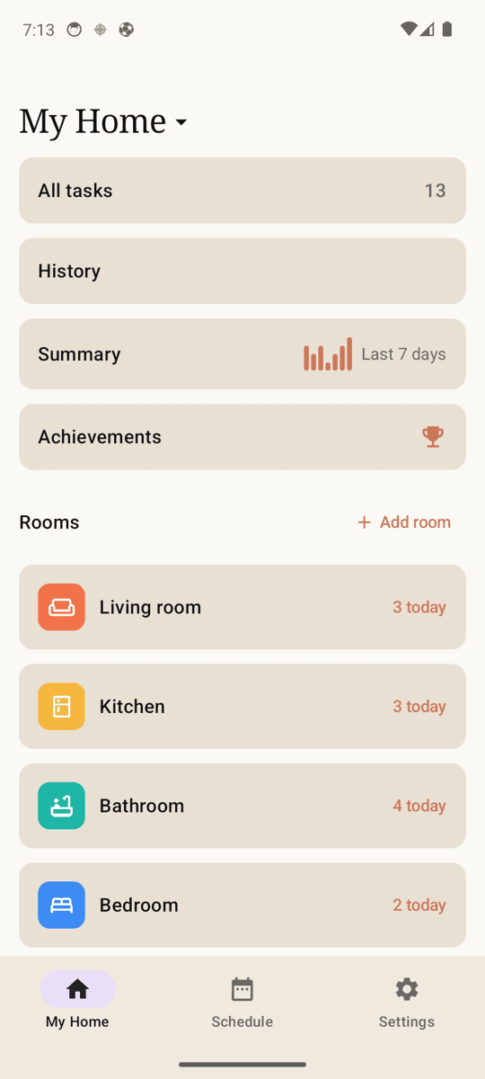 HouseWork My Home screen — chores by room and weekly summary