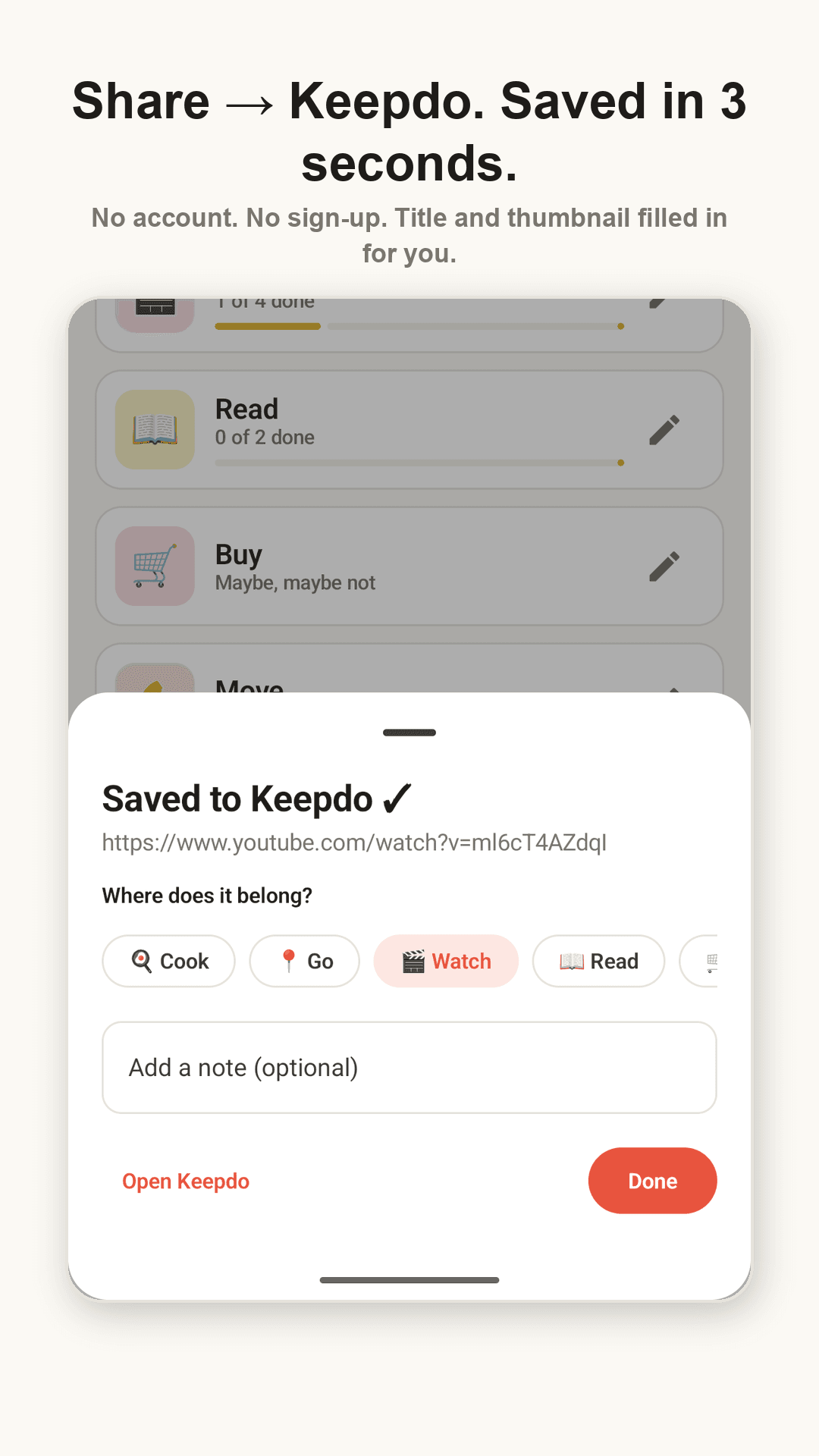 Share sheet — saved, pick a collection, one-line note