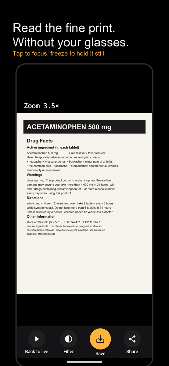 A medicine label at 3.5× — tap to focus