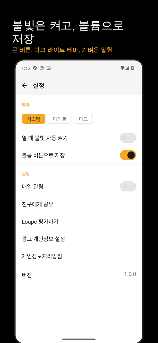 큰 버튼, 테마, 알림 설정