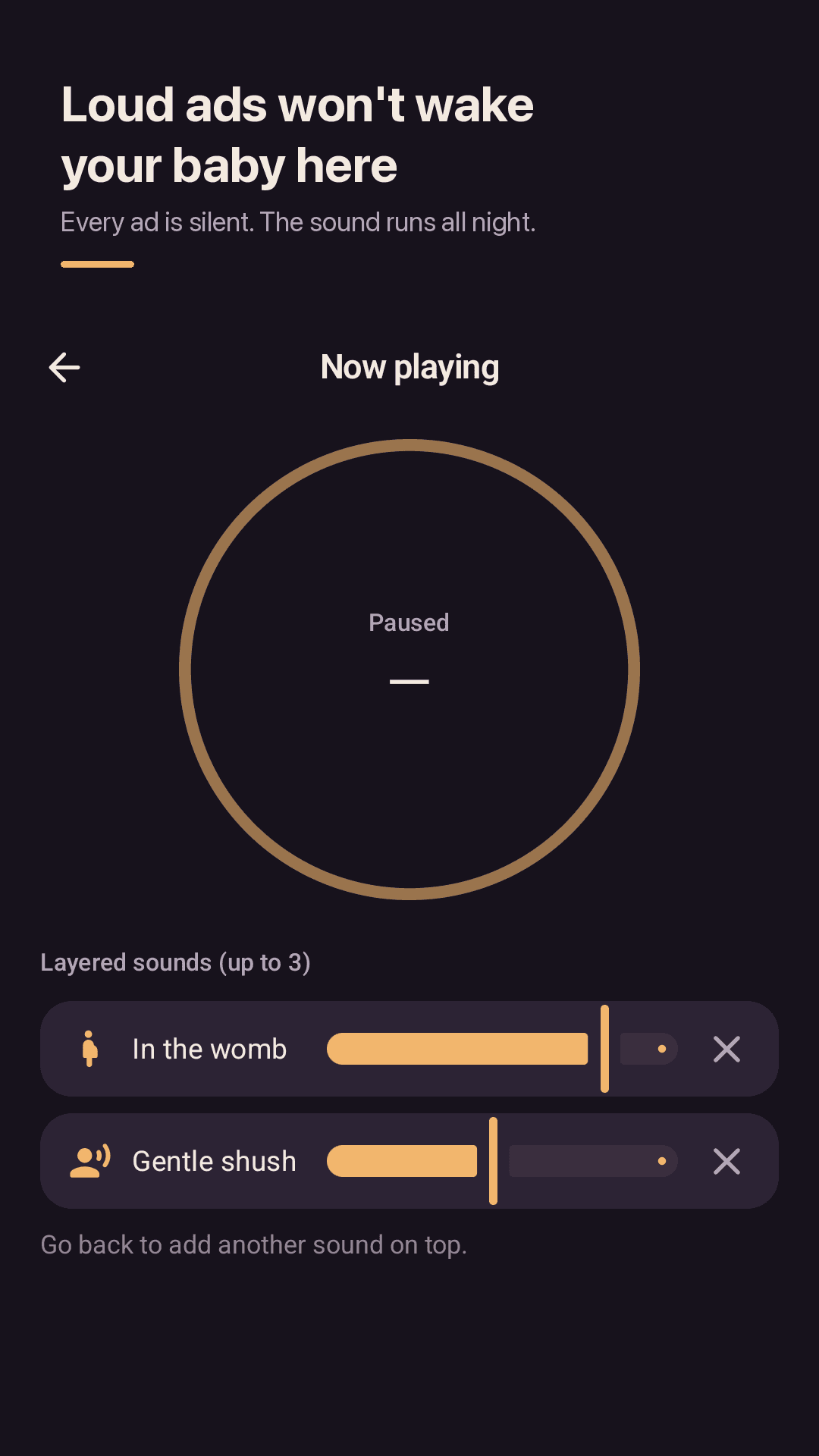 Lullawave now-playing screen — womb sounds and a gentle shush layered with separate volume sliders on a dark background