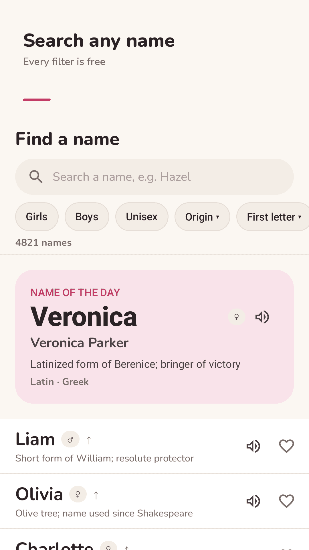 Nameloom Find a name screen: search box, girls, boys, unisex, origin and first letter filters, Name of the day card for Veronica, and names with a one-line meaning and a speaker button