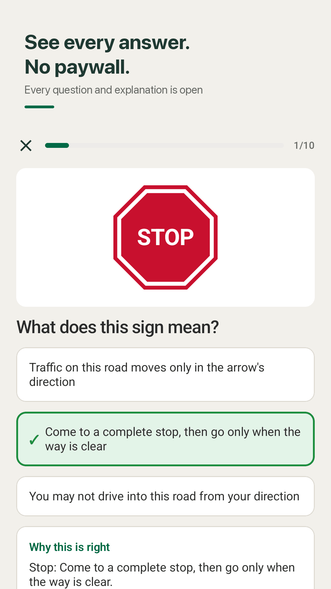 Permitly — a stop sign question with the correct answer and its explanation