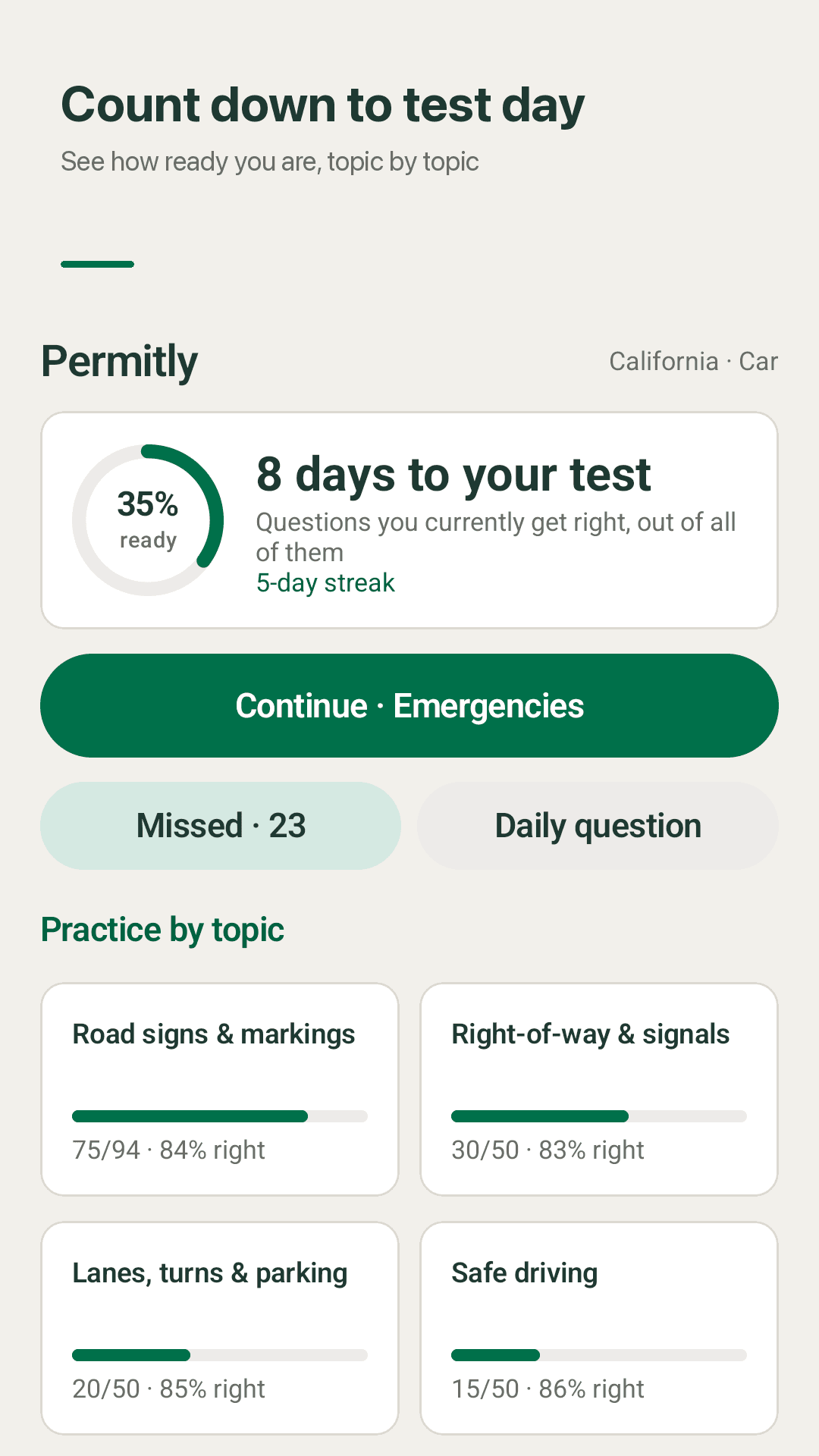 Test-day countdown and readiness