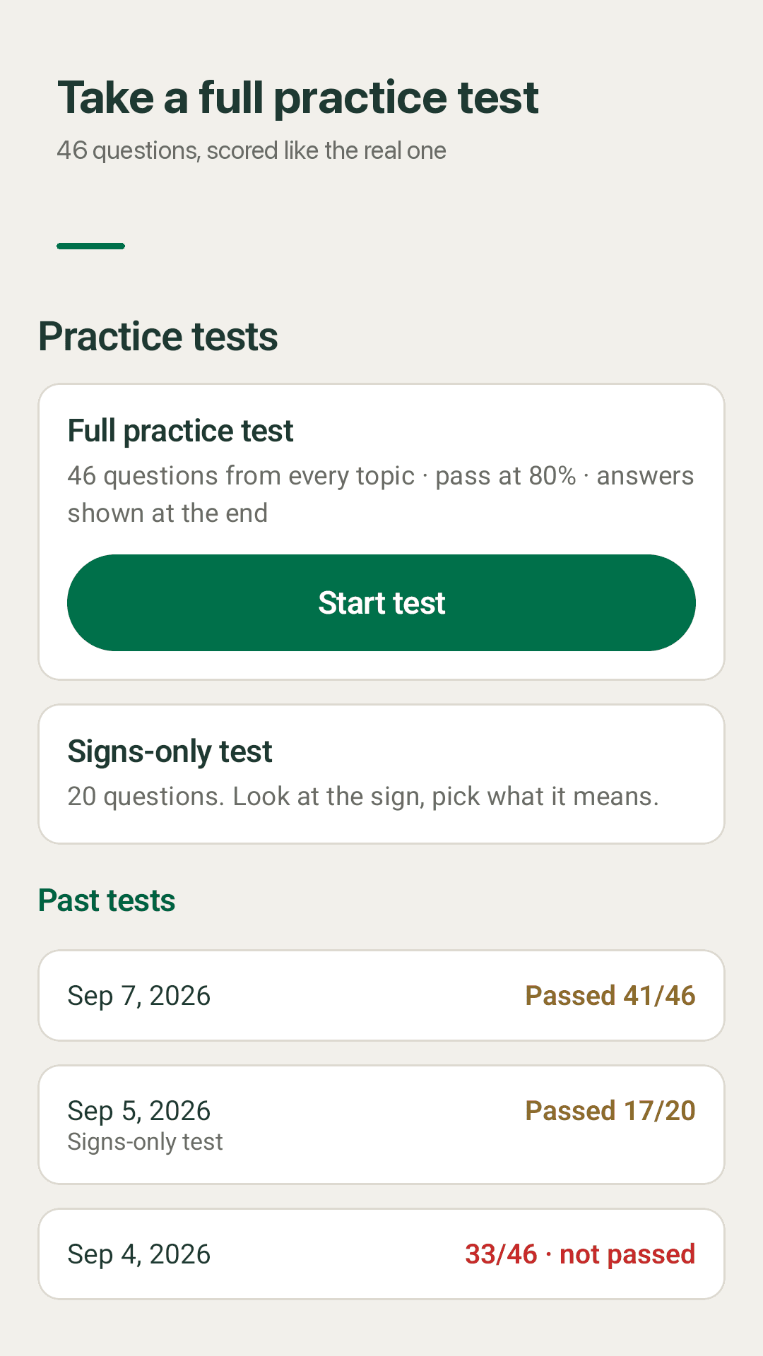 46-question practice test, 80% practice pass mark
