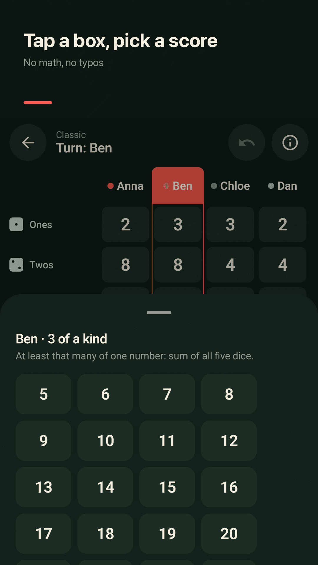 Tap a box, pick a score