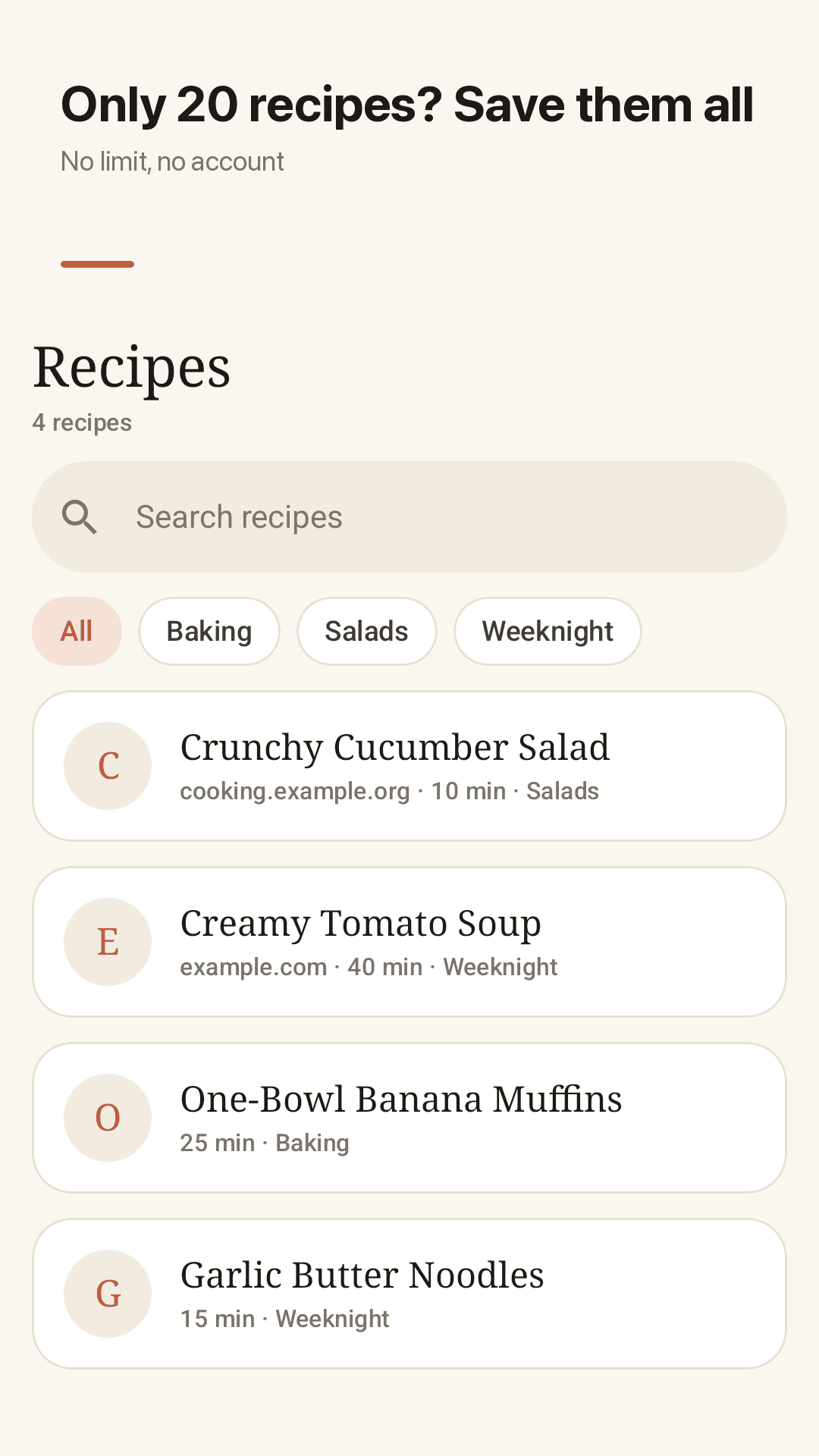 Recipot recipe list with search, folder chips and saved recipe cards