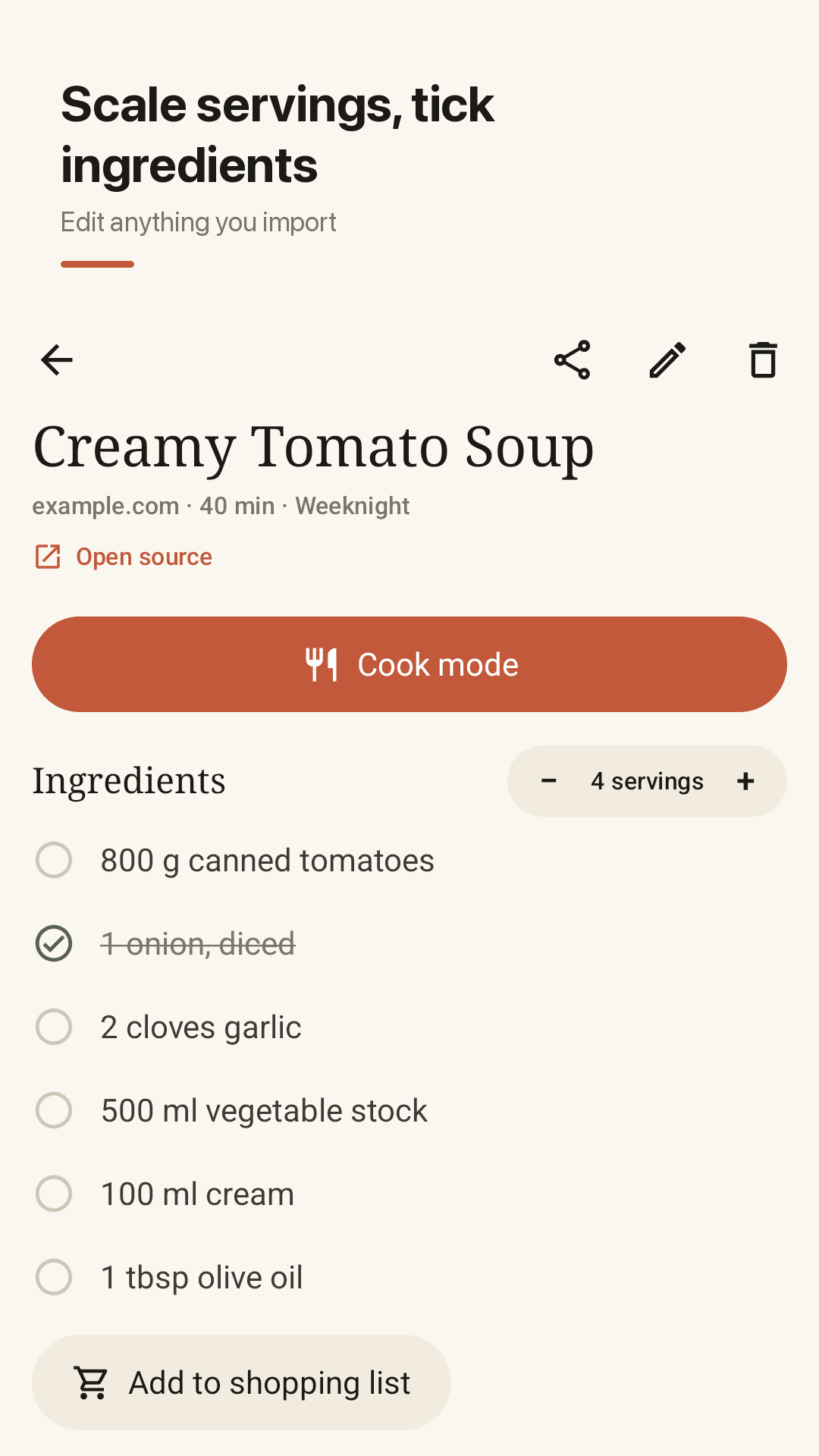 Scale servings, tick ingredients