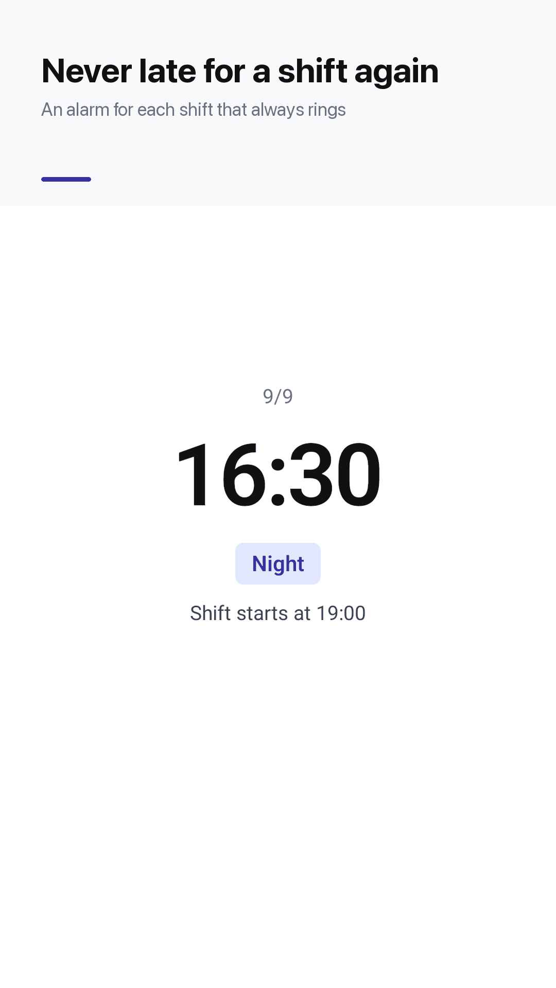 Rotaday — a night shift wake-up alarm ringing at 16:30