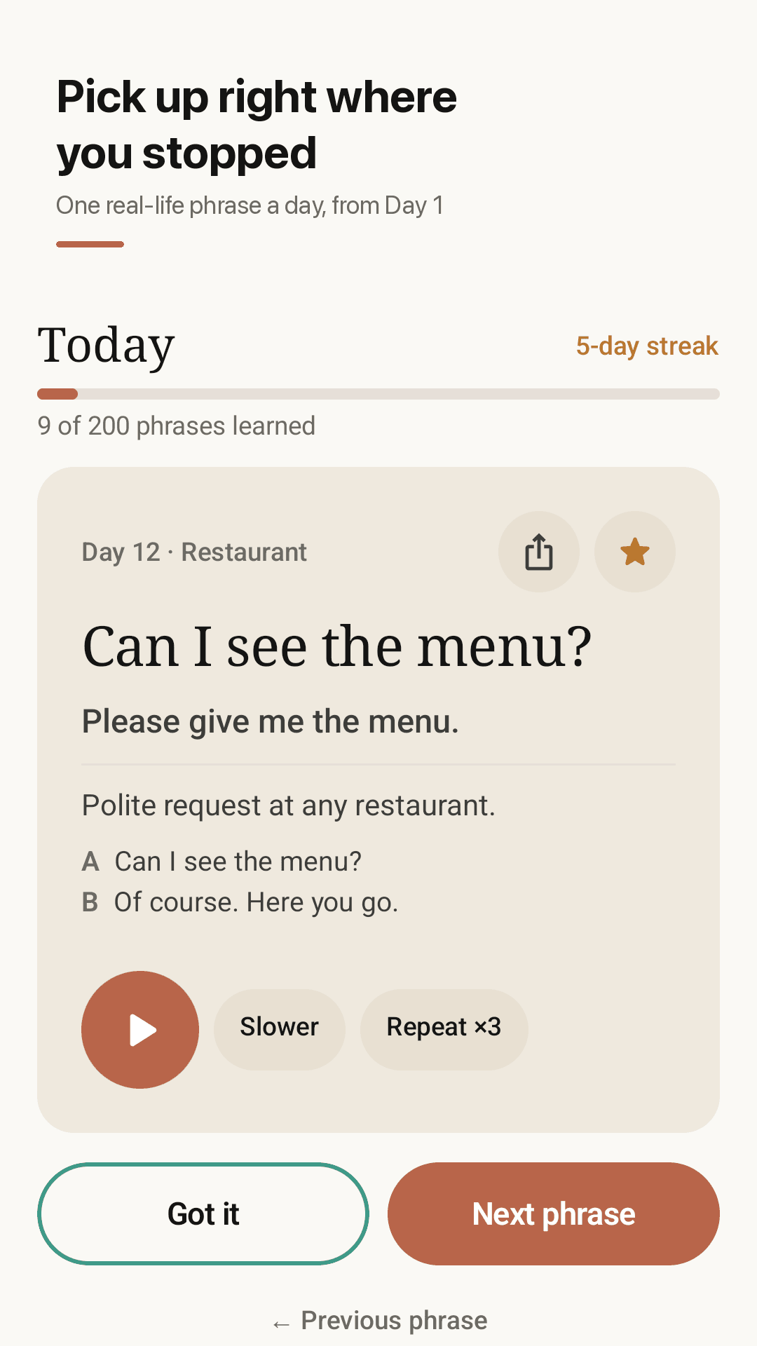 SayDay phrase of the day screen