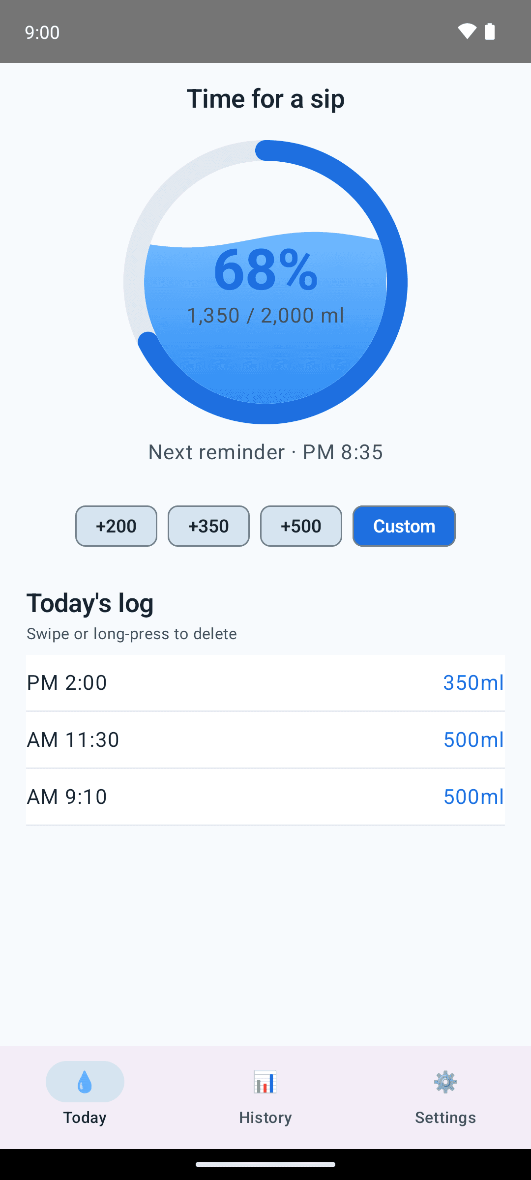 Sippy today screen — progress ring and quick-add