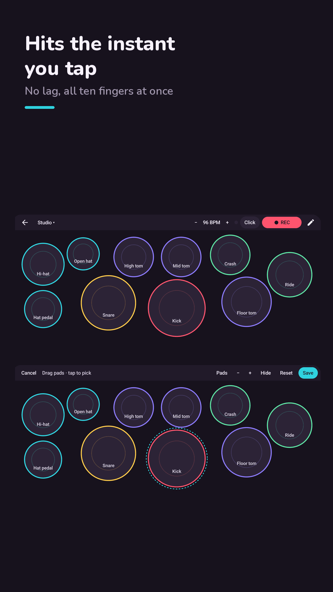Snarely kit screen: a landscape drum kit made of round pads that never overlap