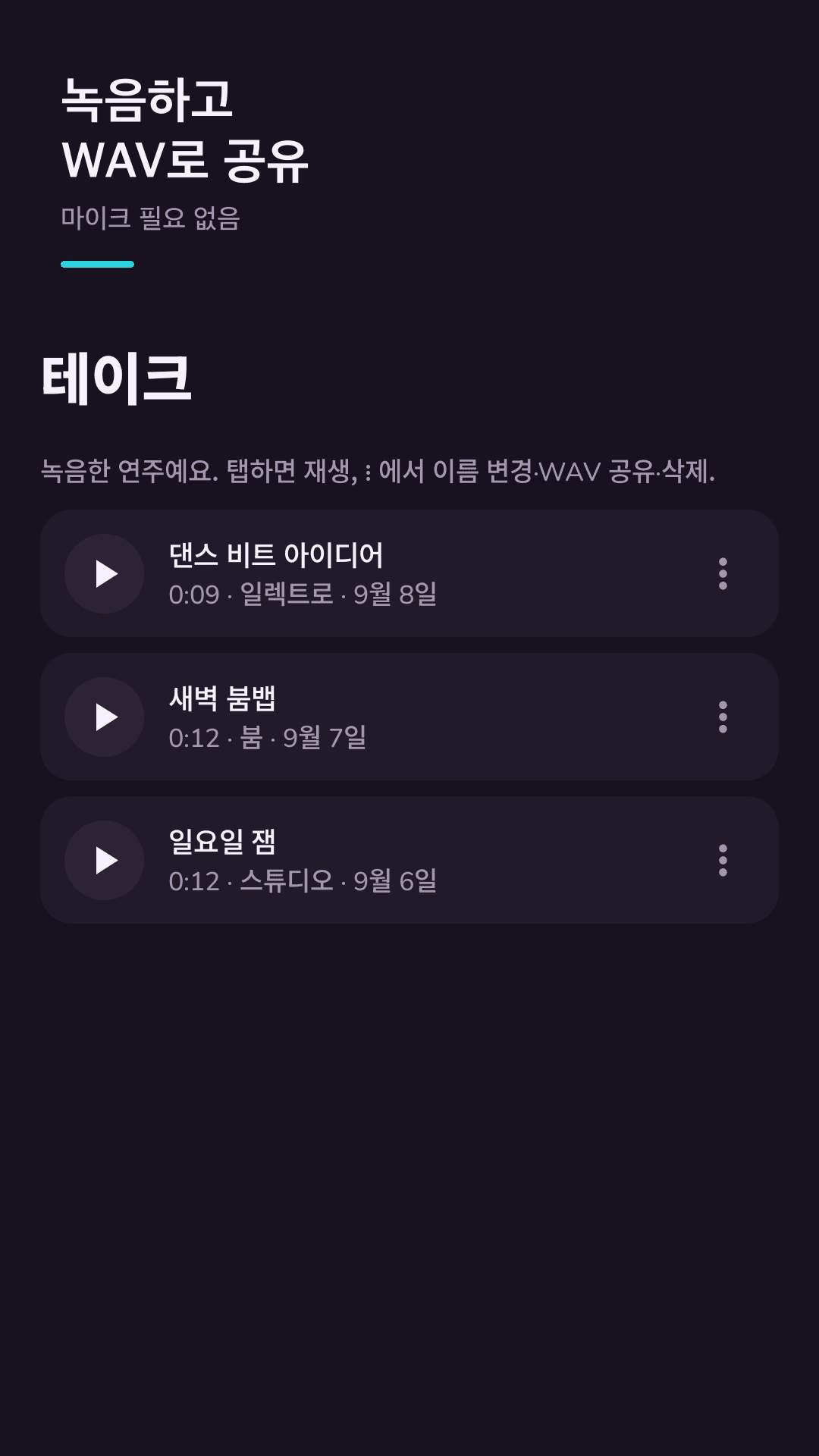 녹음하고 WAV 로 공유