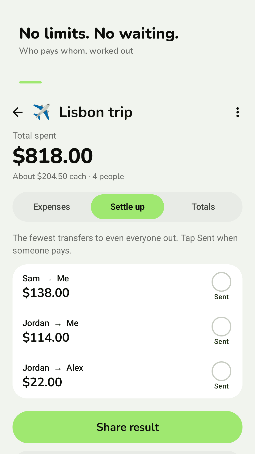 Tabkin Settle up screen: the fewest transfers between group members, each with a Sent check button
