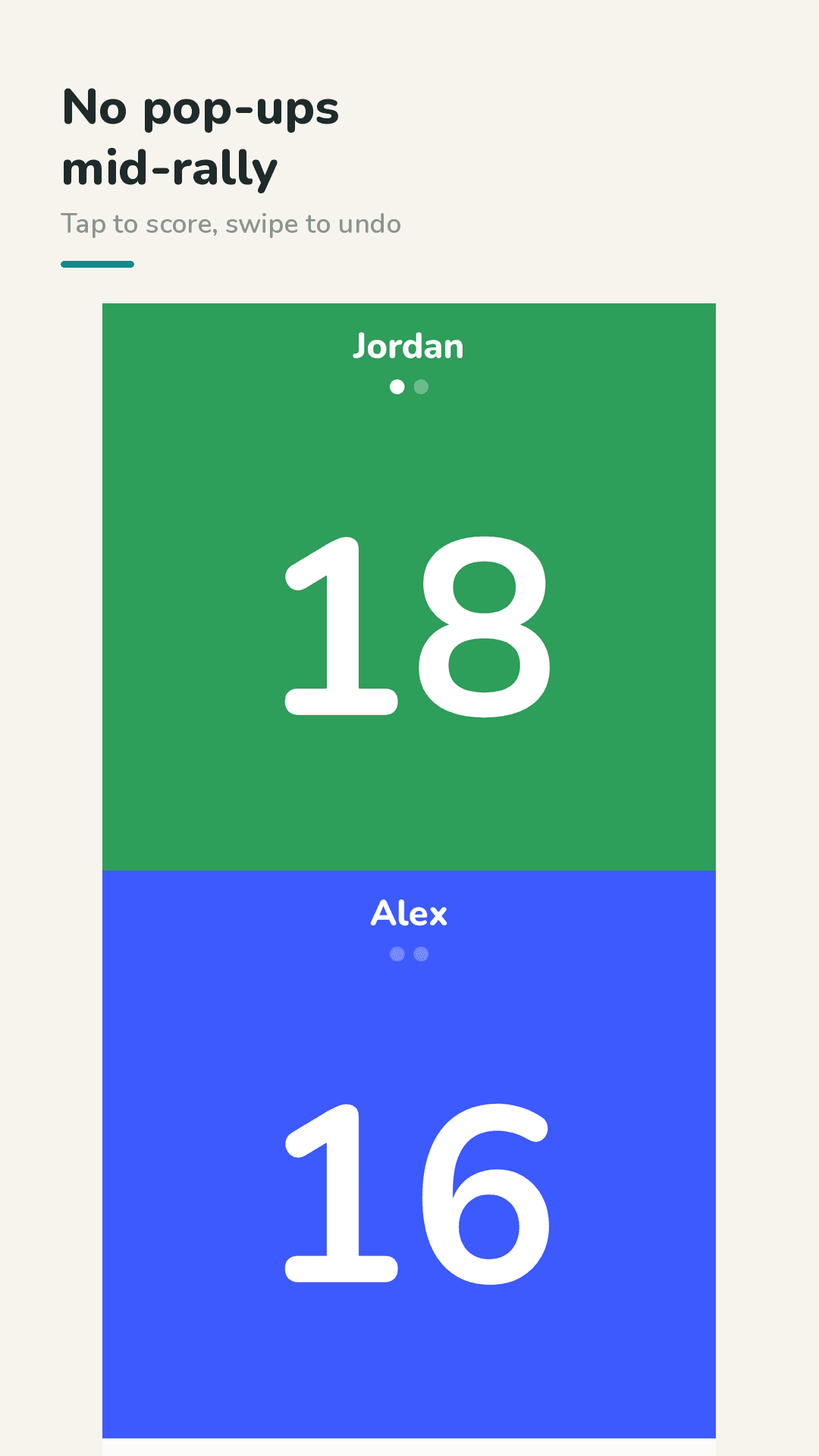 Tallibo scoreboard: big 18 on green and 16 on blue with set dots