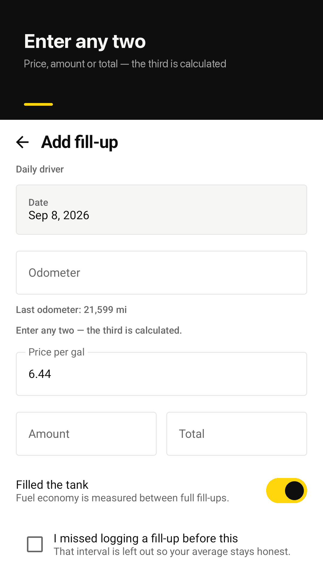 Log a fill-up in 10 seconds