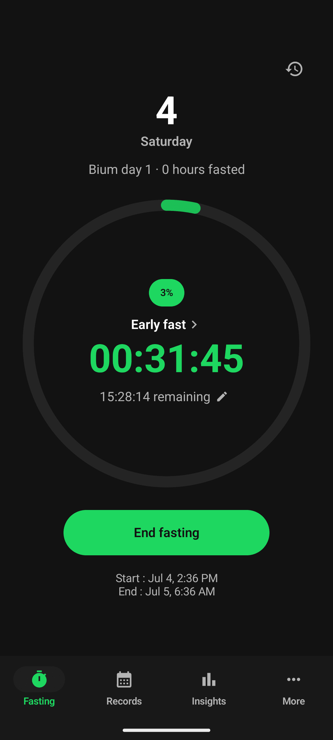 Bium intermittent fasting timer screen