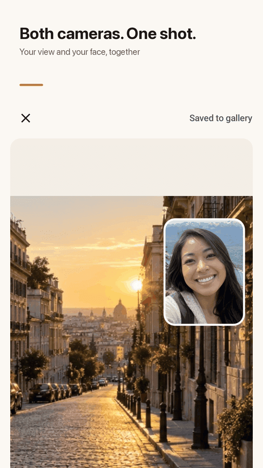 Bothshot camera screen with a live picture-in-picture preview of the front and back camera