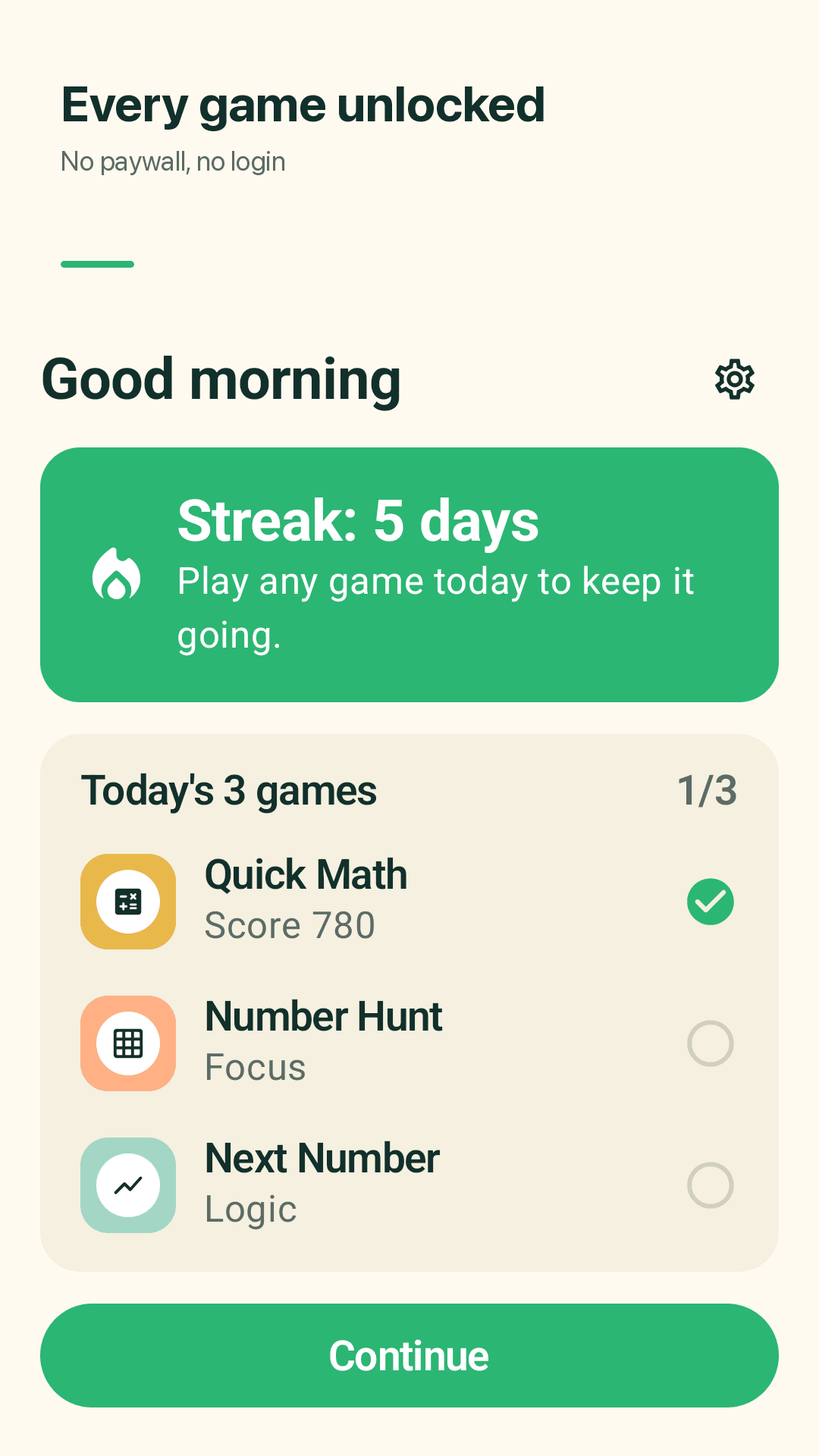 Brainpip Today screen with today's 3 games and streak
