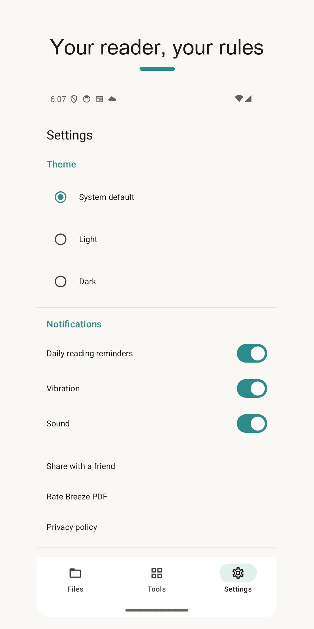 Settings — theme and reminders