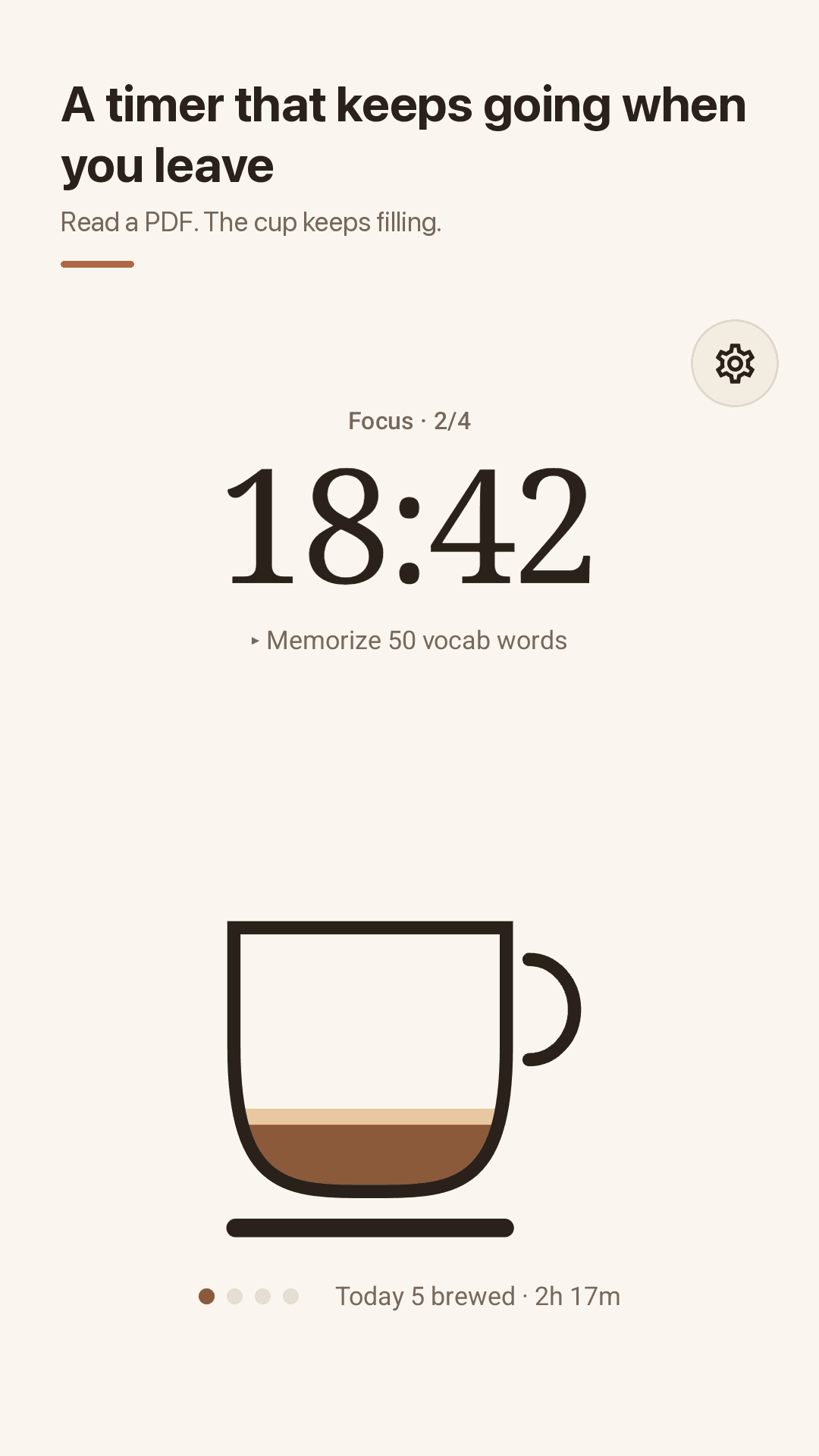 Brewdoro coffee cup pomodoro timer screen