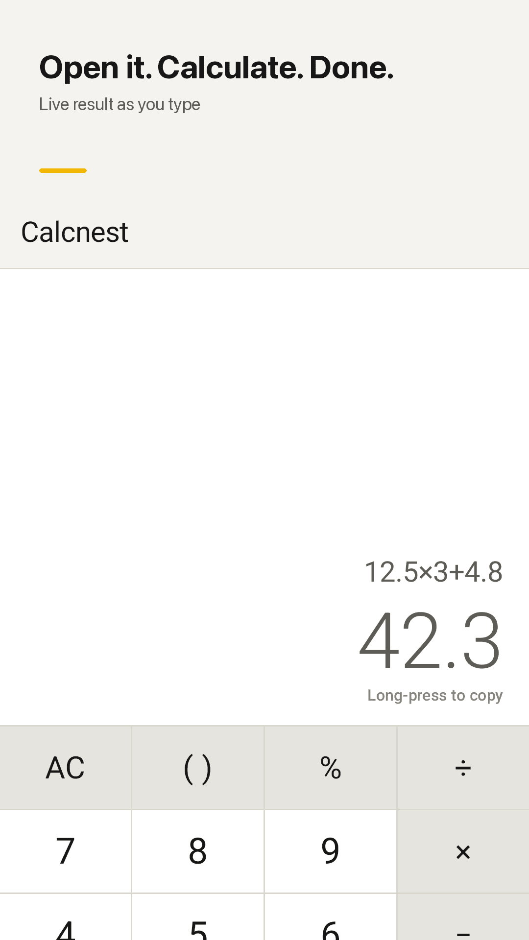 Calcnest โ the calculator on the first screen with a live result preview
