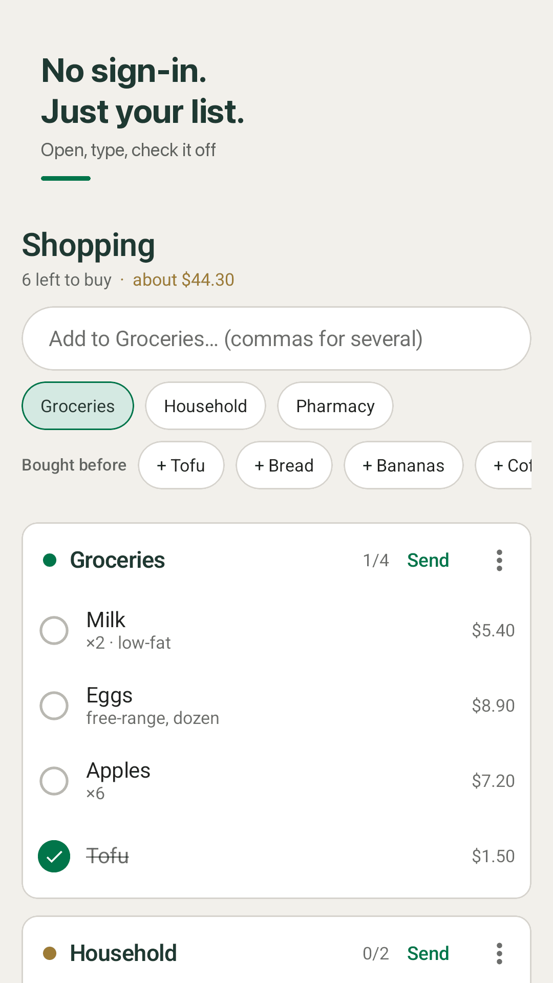 Cartnote shopping list screen