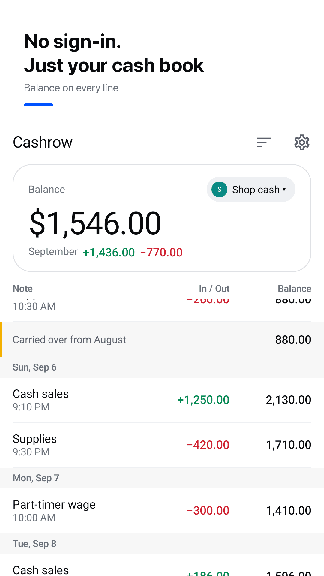 Cashrow โ cash book screen with the current balance at the top, a carried-over line first and a running balance on every line