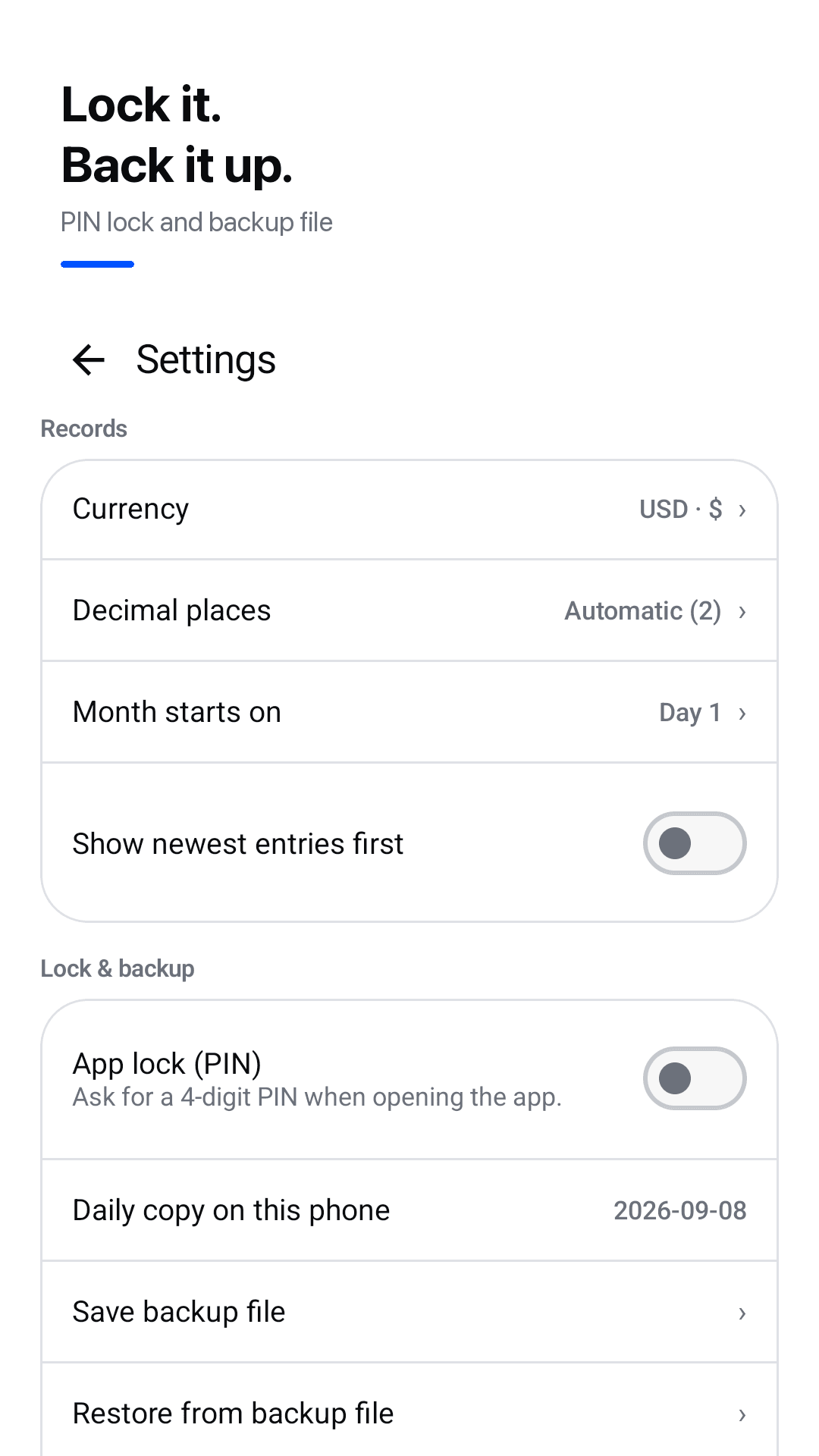 PIN lock, backup and restore