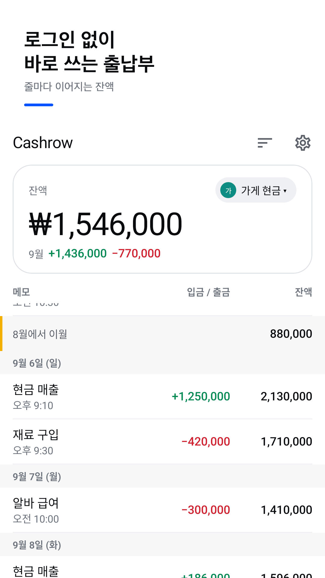 Cashrow — 맨 위에 현재 잔액, 첫 줄에 지난달 이월, 줄마다 잔액이 표시된 현금출납부 화면