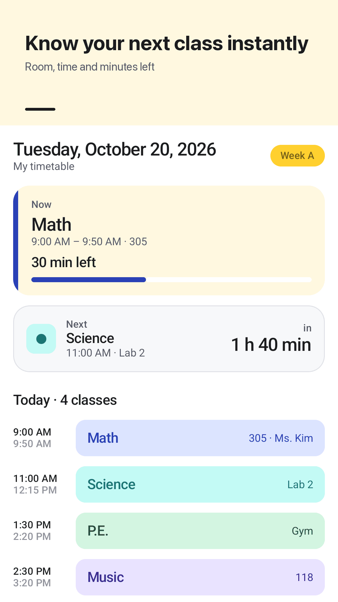 Classtile Today tab: current class with minutes left, next class countdown with room, and today's class list