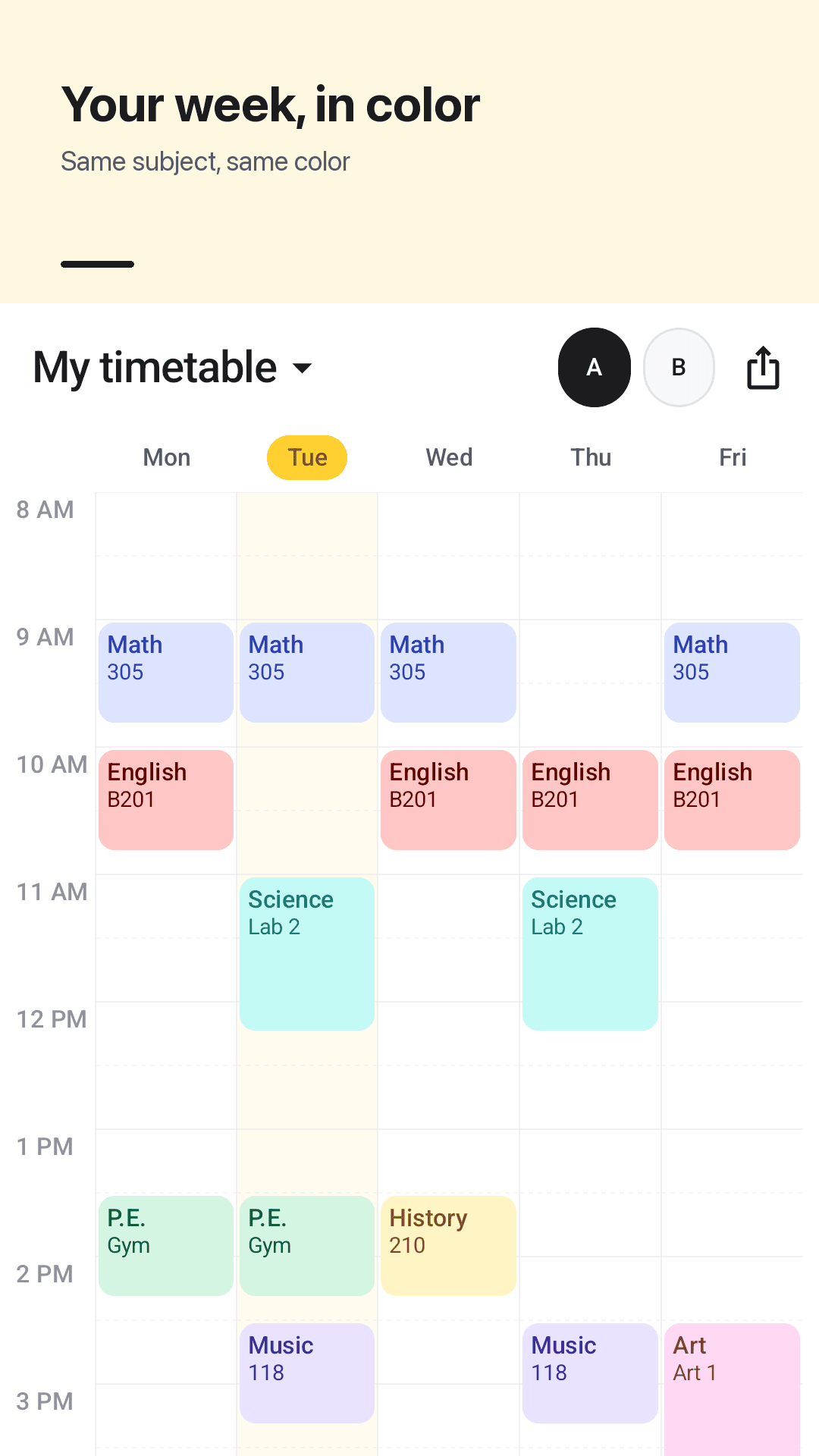 A weekly timetable in color